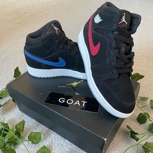 Jordan 1 Mid Multi-Color Swoosh Black, size 7 womens or 5.5 youth.